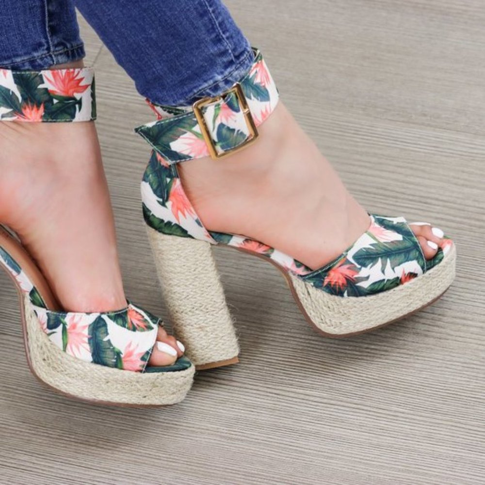 Floral Print Platform Espadrilles, Ankle Buckle - Picture 7 of 10